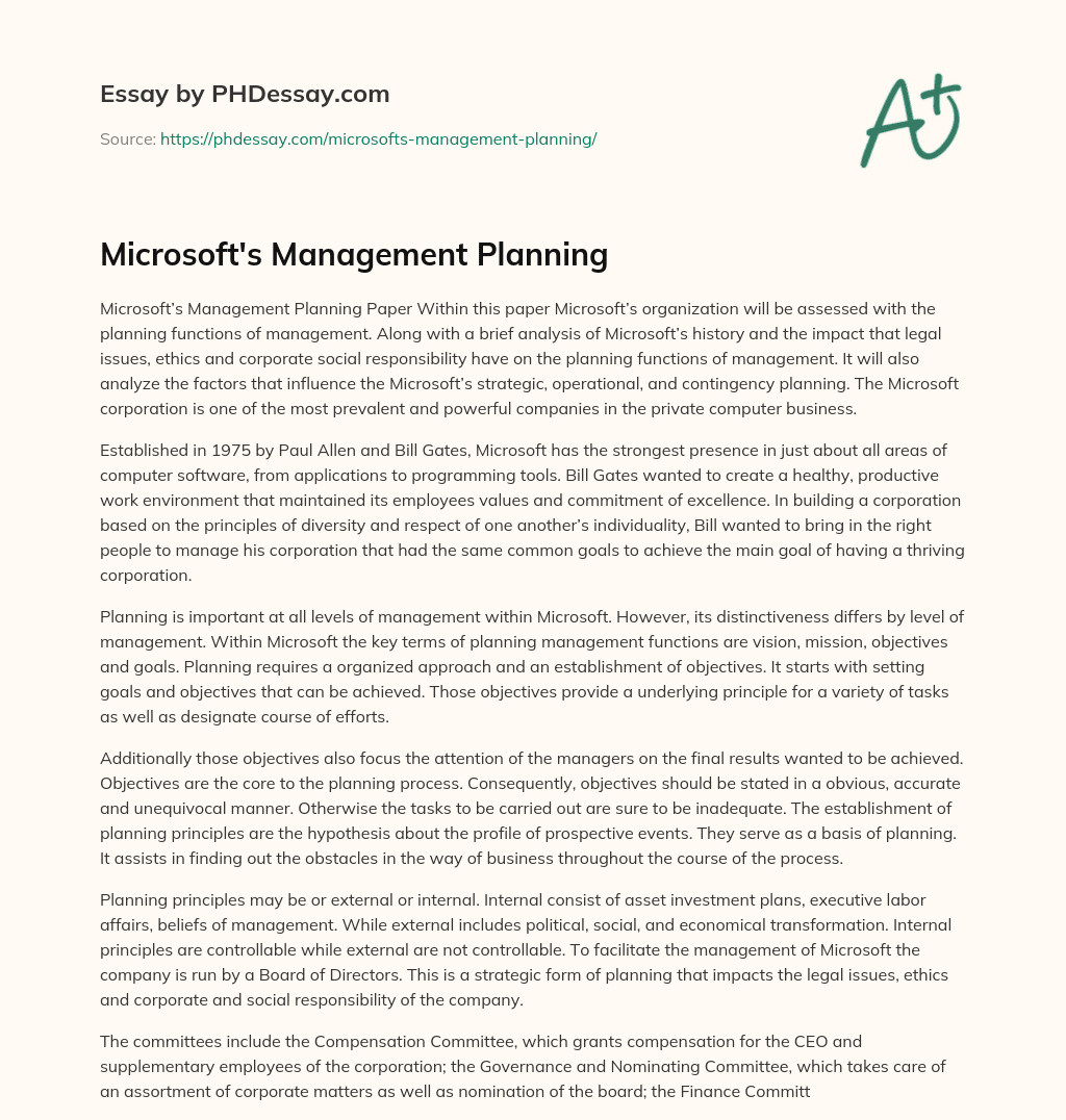Microsoft’s Management Planning essay