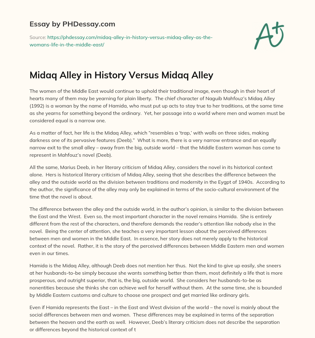 Midaq Alley in History Versus Midaq Alley essay
