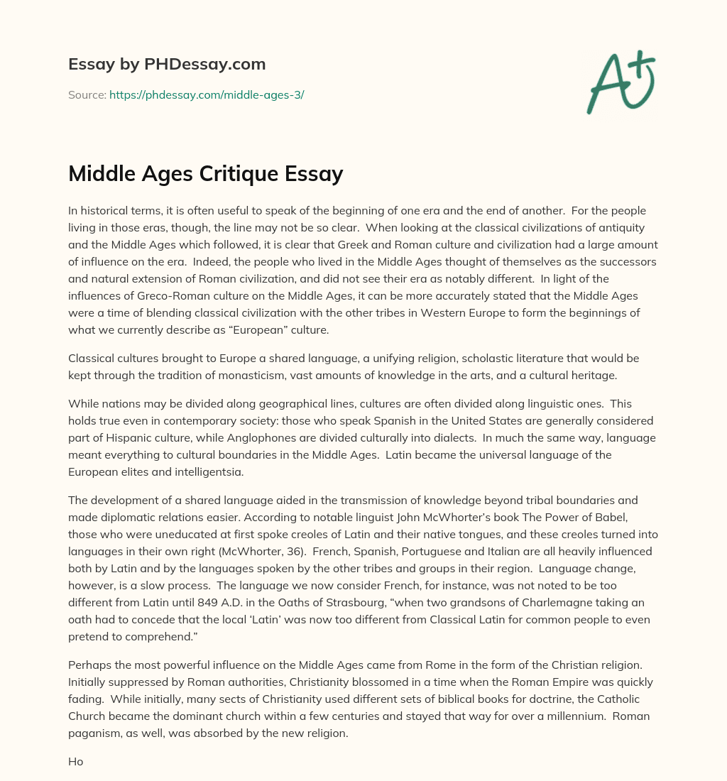 Middle Ages Critique Essay essay