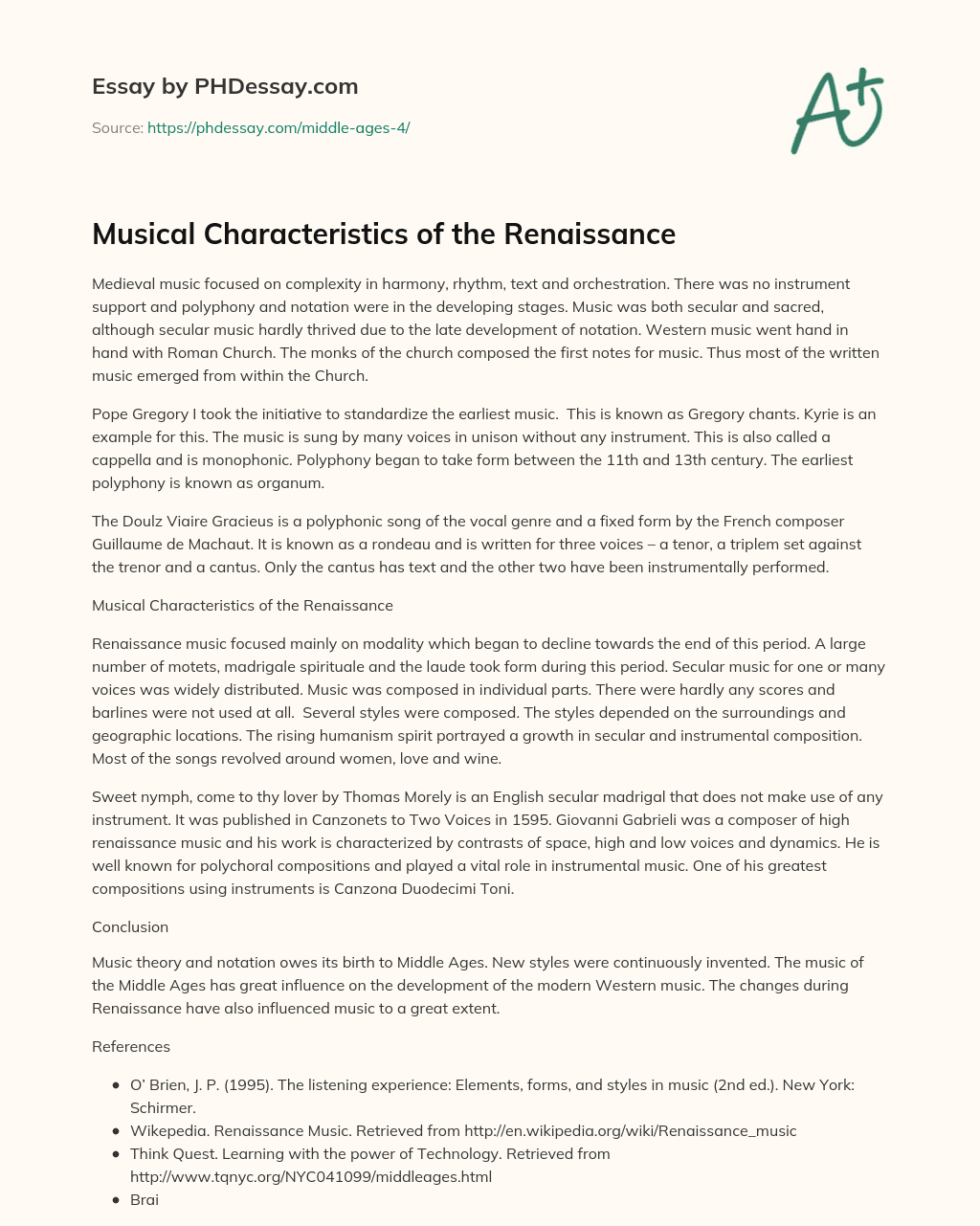 Musical Characteristics of the Renaissance essay