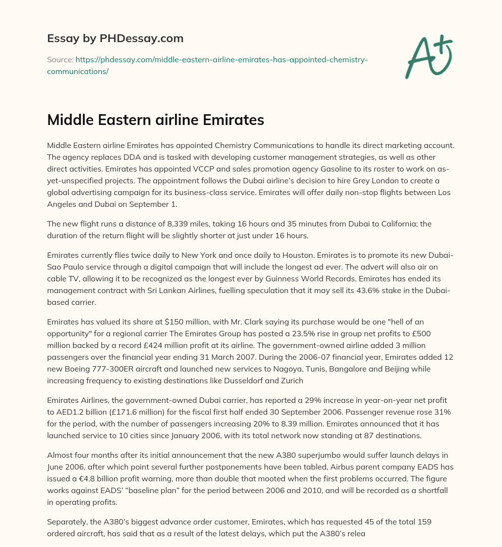 Middle Eastern airline Emirates essay