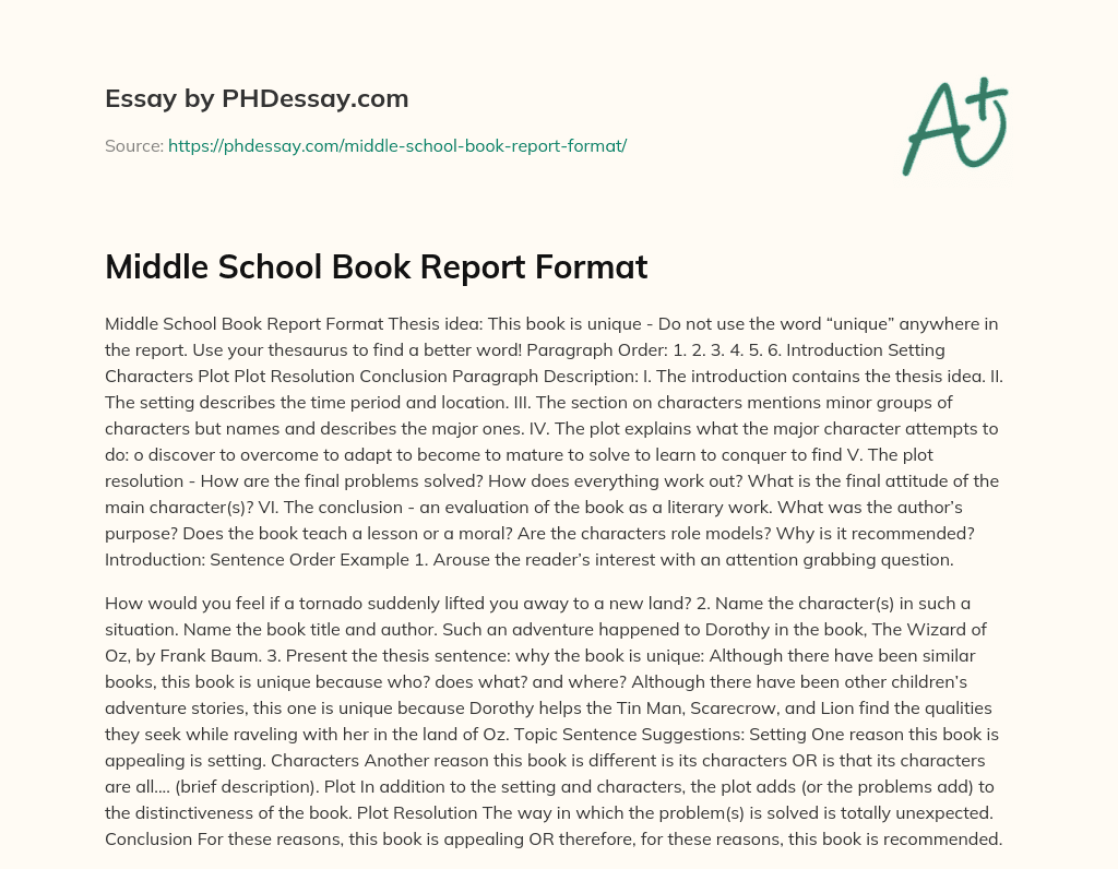 Middle School Book Report Format essay