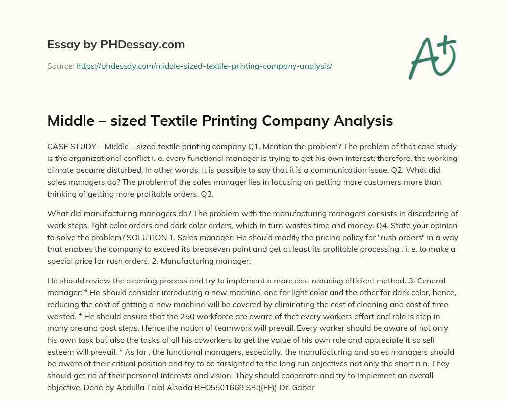 Middle – sized Textile Printing Company Analysis essay