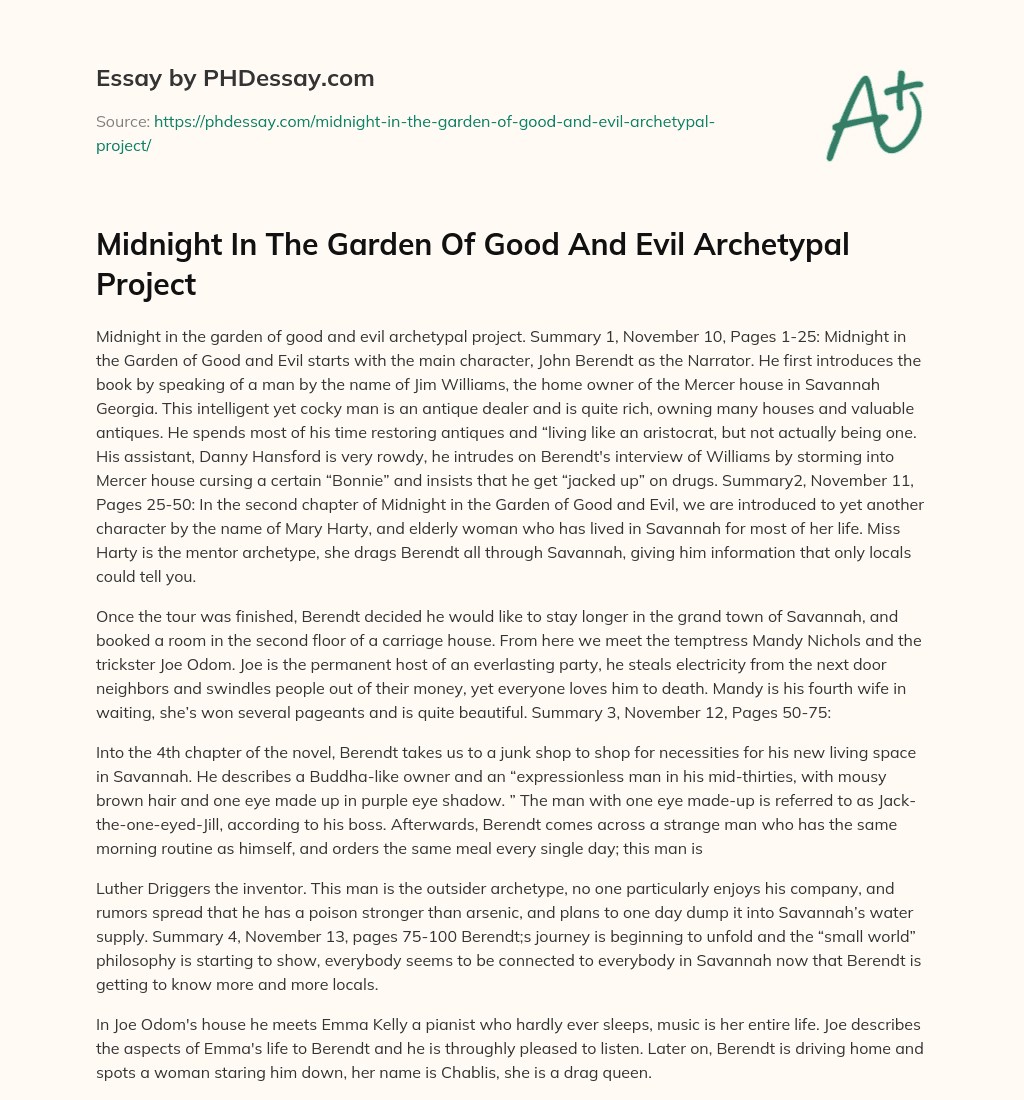 Midnight In The Garden Of Good And Evil Archetypal Project essay