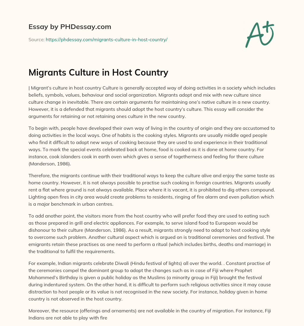 Migrants Culture in Host Country essay