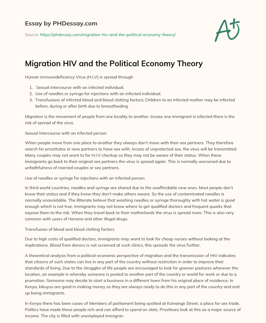 Migration HIV and the Political Economy Theory essay