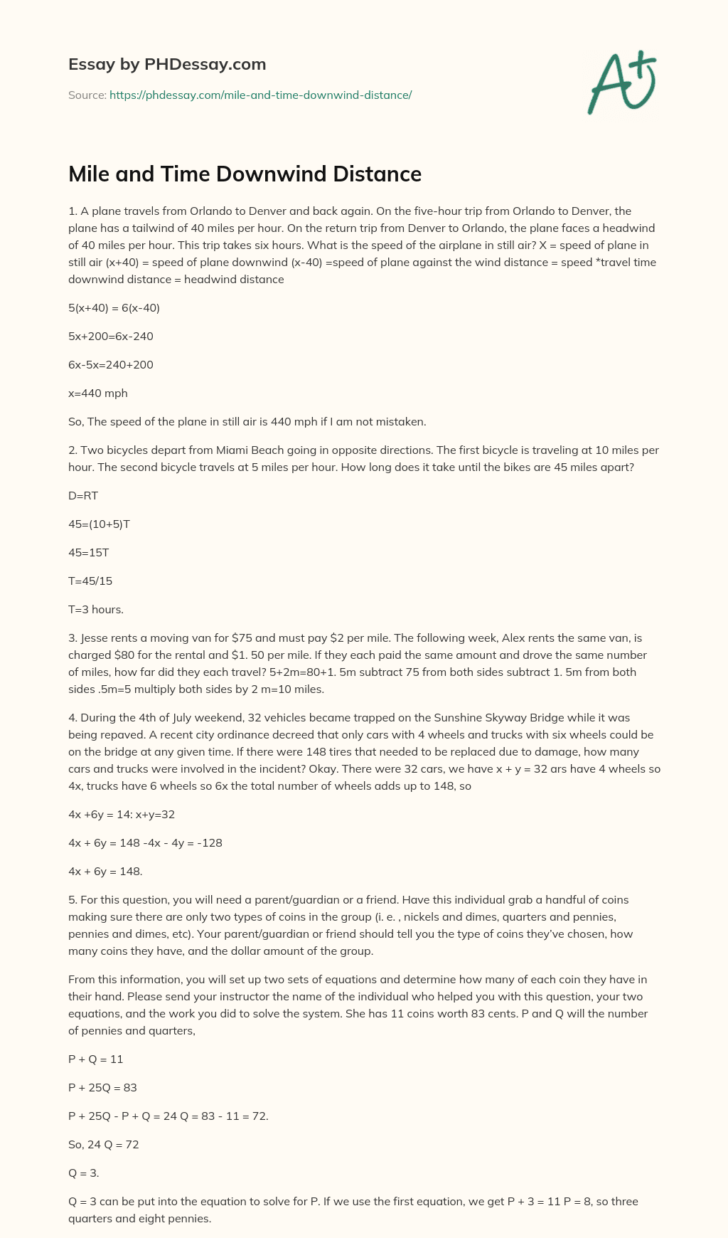 Mile and Time Downwind Distance essay