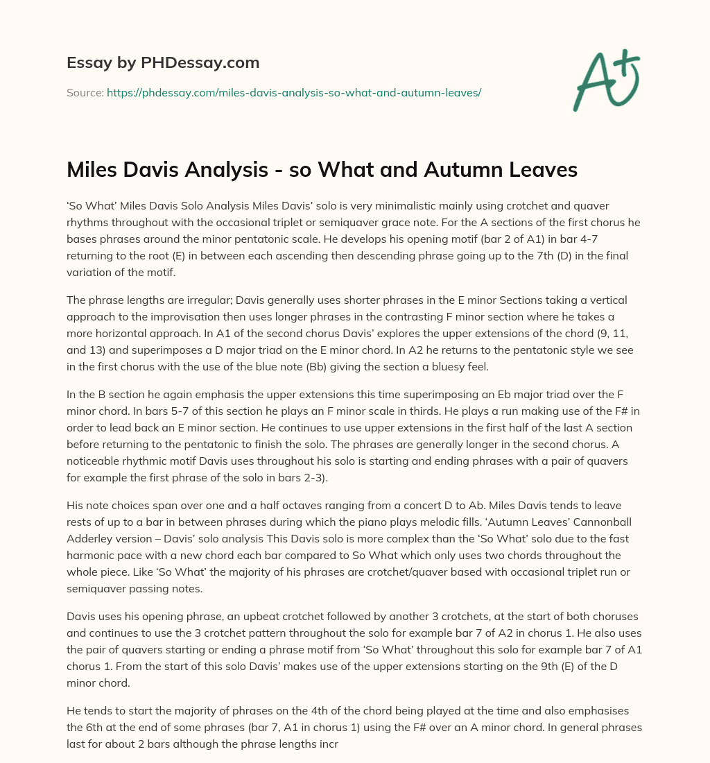 Miles Davis Analysis – so What and Autumn Leaves essay
