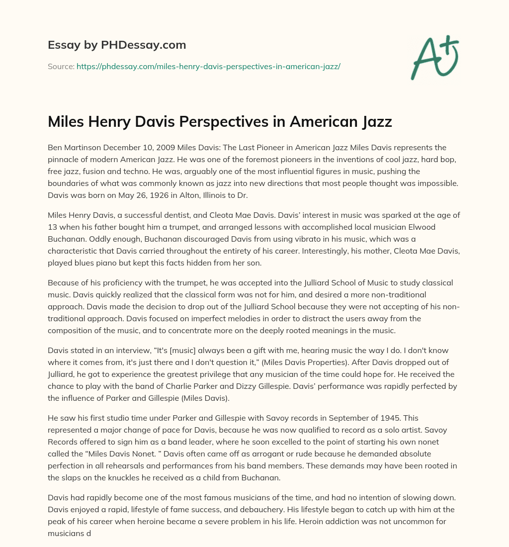 Miles Henry Davis Perspectives in American Jazz essay