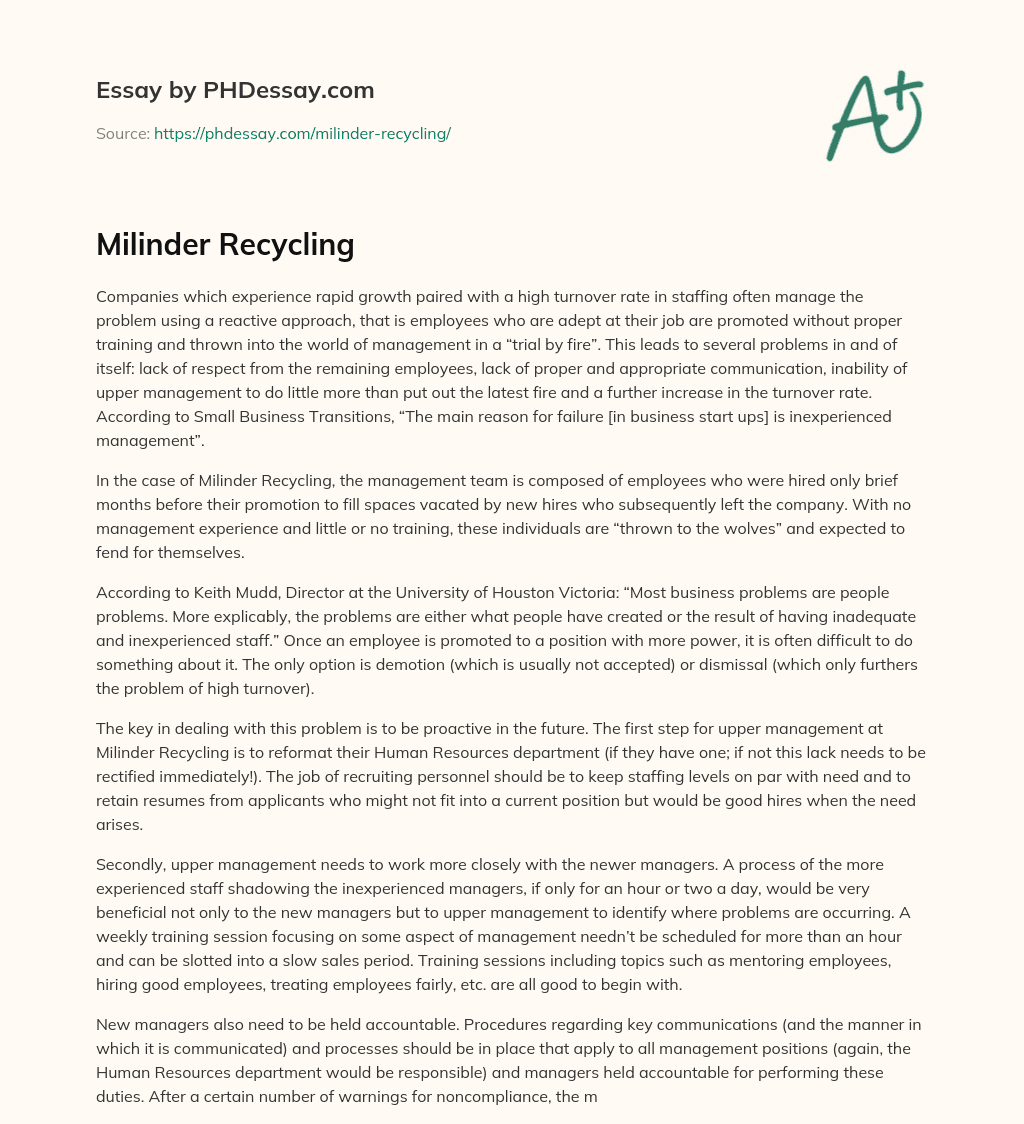 Milinder Recycling essay