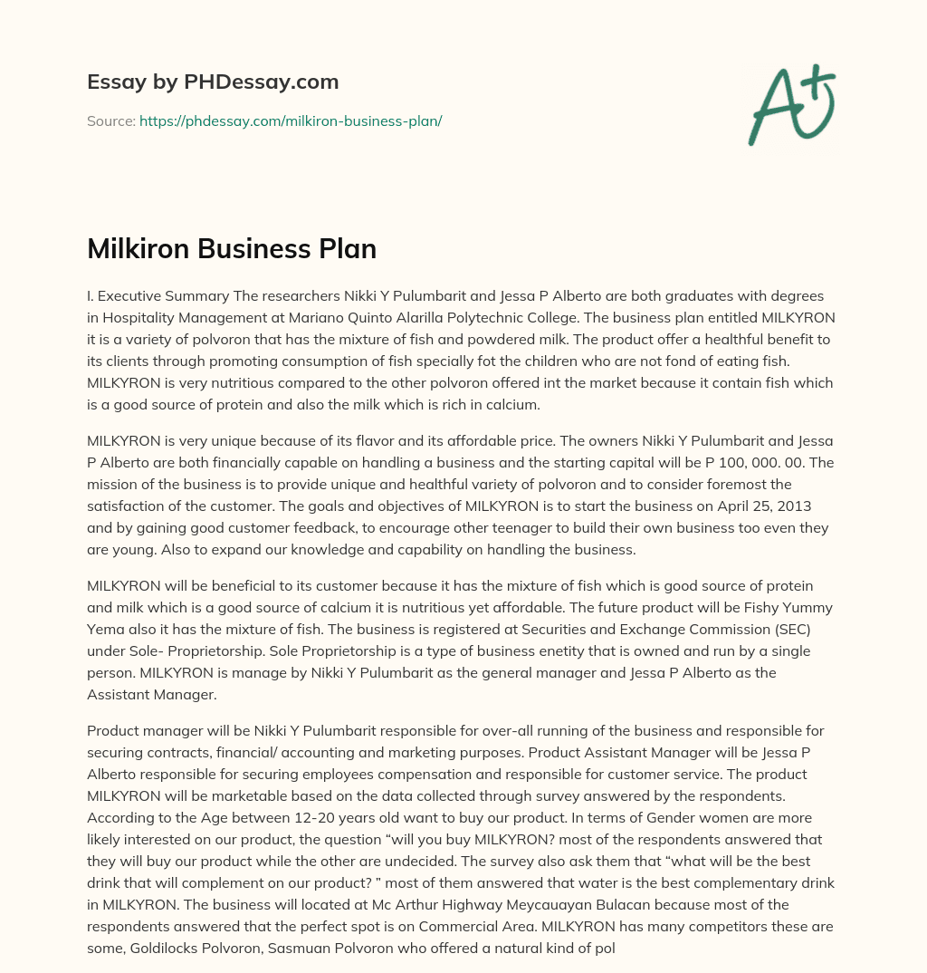 Milkiron Business Plan essay