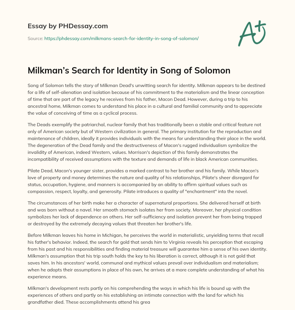 Milkman’s Search for Identity in Song of Solomon essay