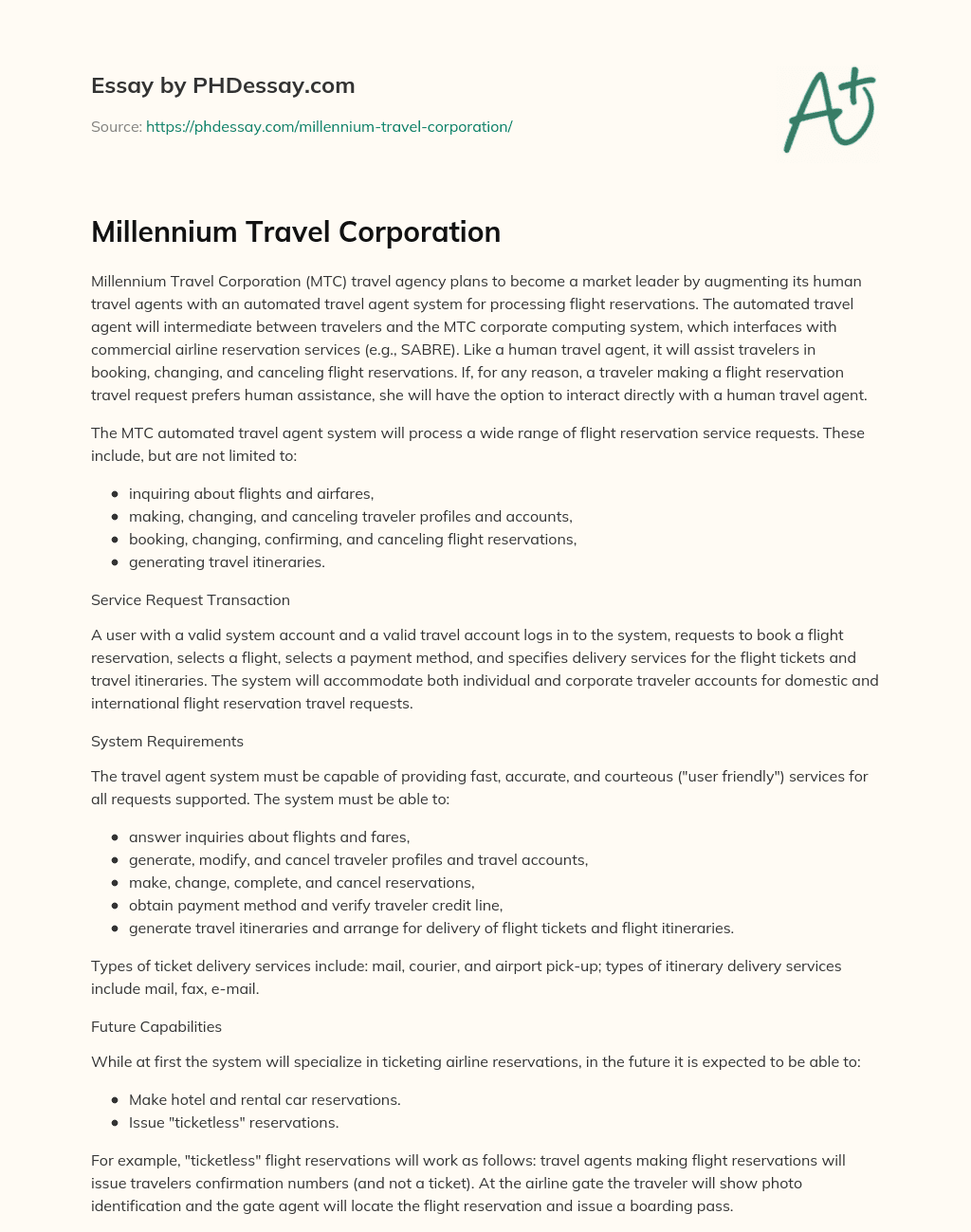 Millennium Travel Corporation essay