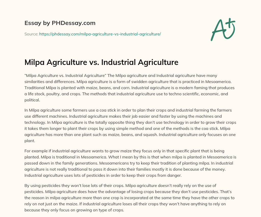 Milpa Agriculture vs. Industrial Agriculture essay