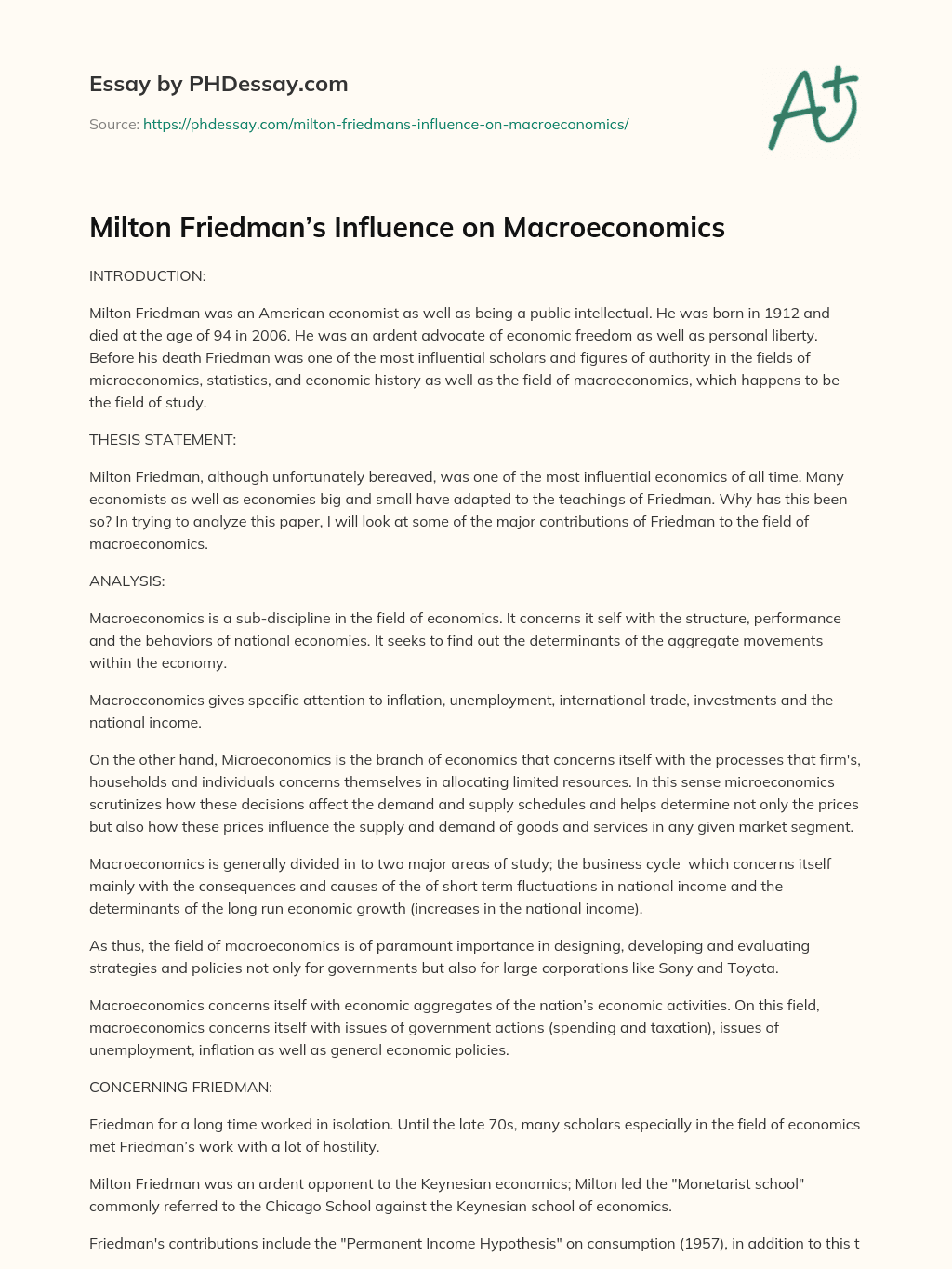 Milton Friedman’s Influence on Macroeconomics essay
