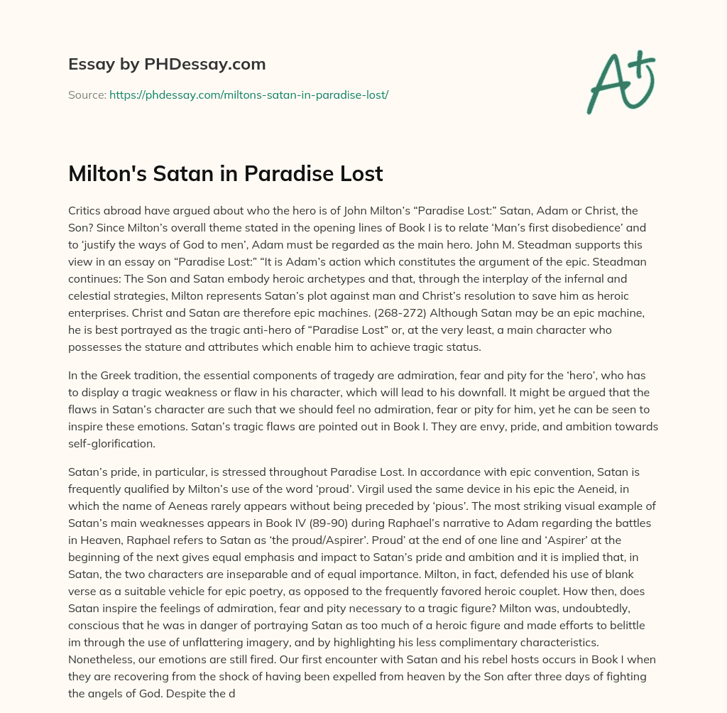 Milton’s Satan in Paradise Lost essay
