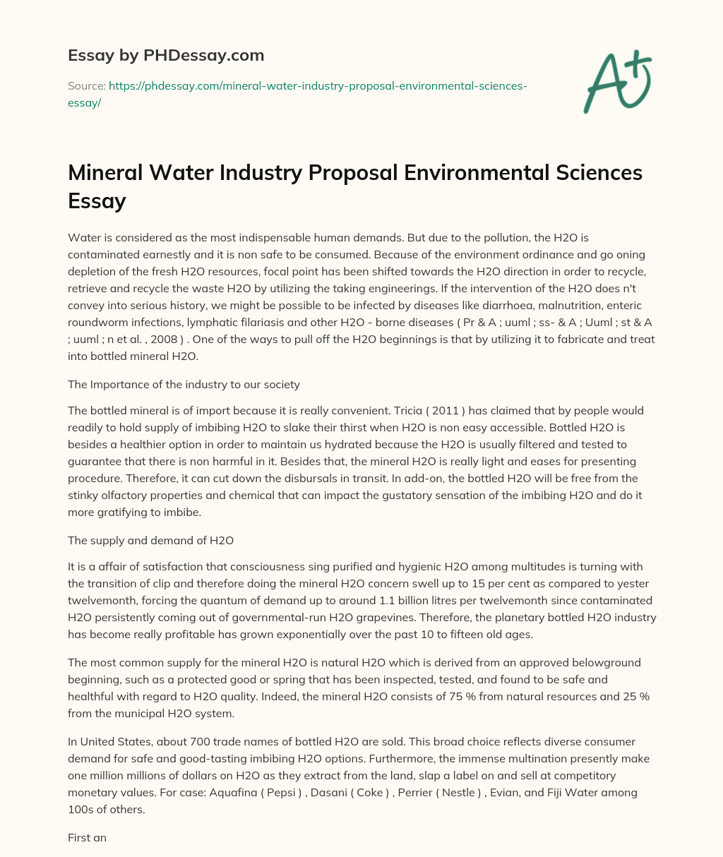 Mineral Water Industry Proposal Environmental Sciences Essay essay