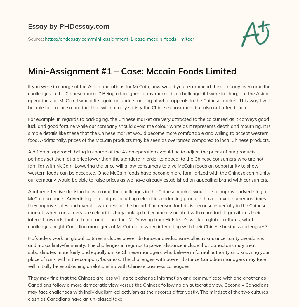 Mini-Assignment #1 – Case: Mccain Foods Limited essay