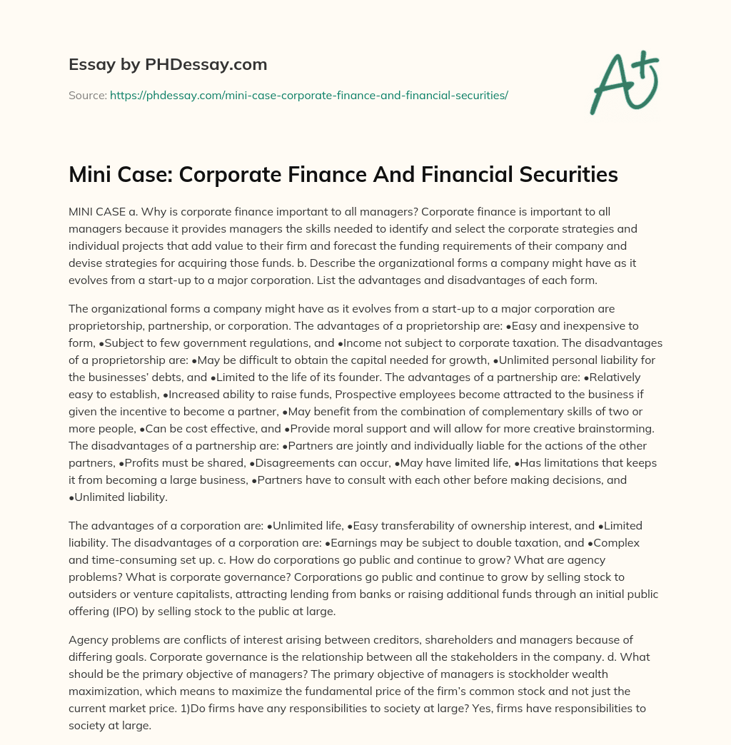 Mini Case: Corporate Finance And Financial Securities essay