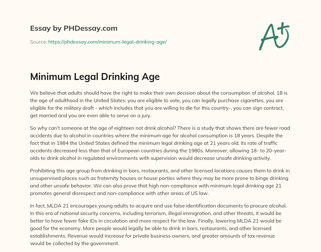 sample essay on legal drinking age in the us