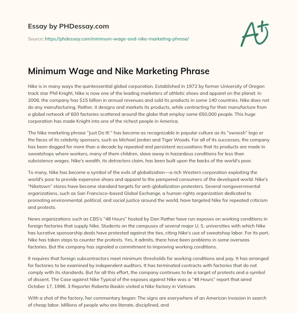 Minimum Wage and Nike Marketing Phrase essay