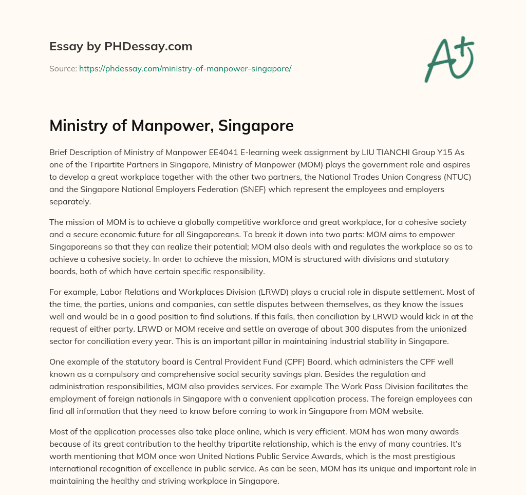 Ministry of Manpower, Singapore essay