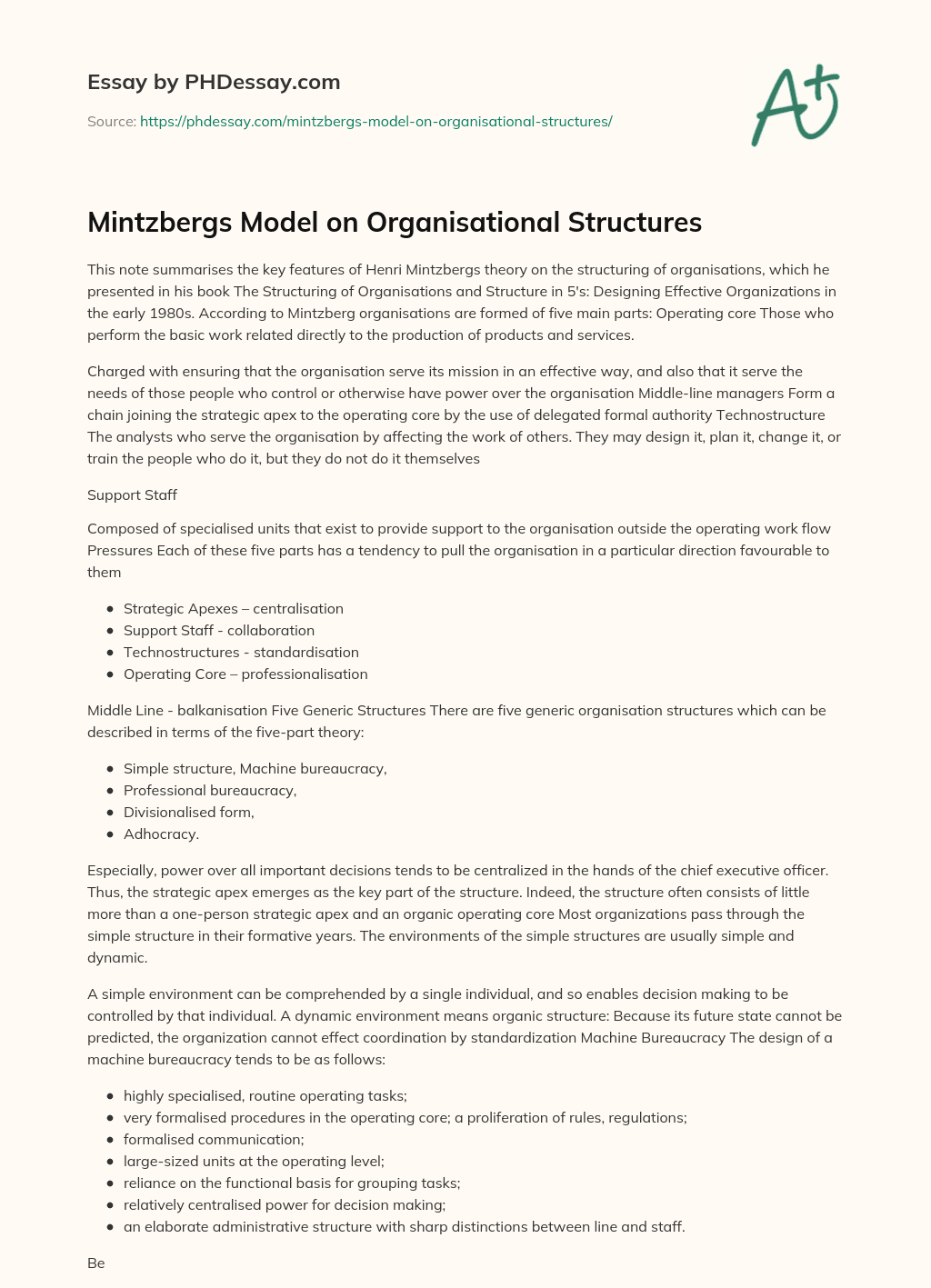 Mintzbergs Model On Organisational Structures - Phdessay.com