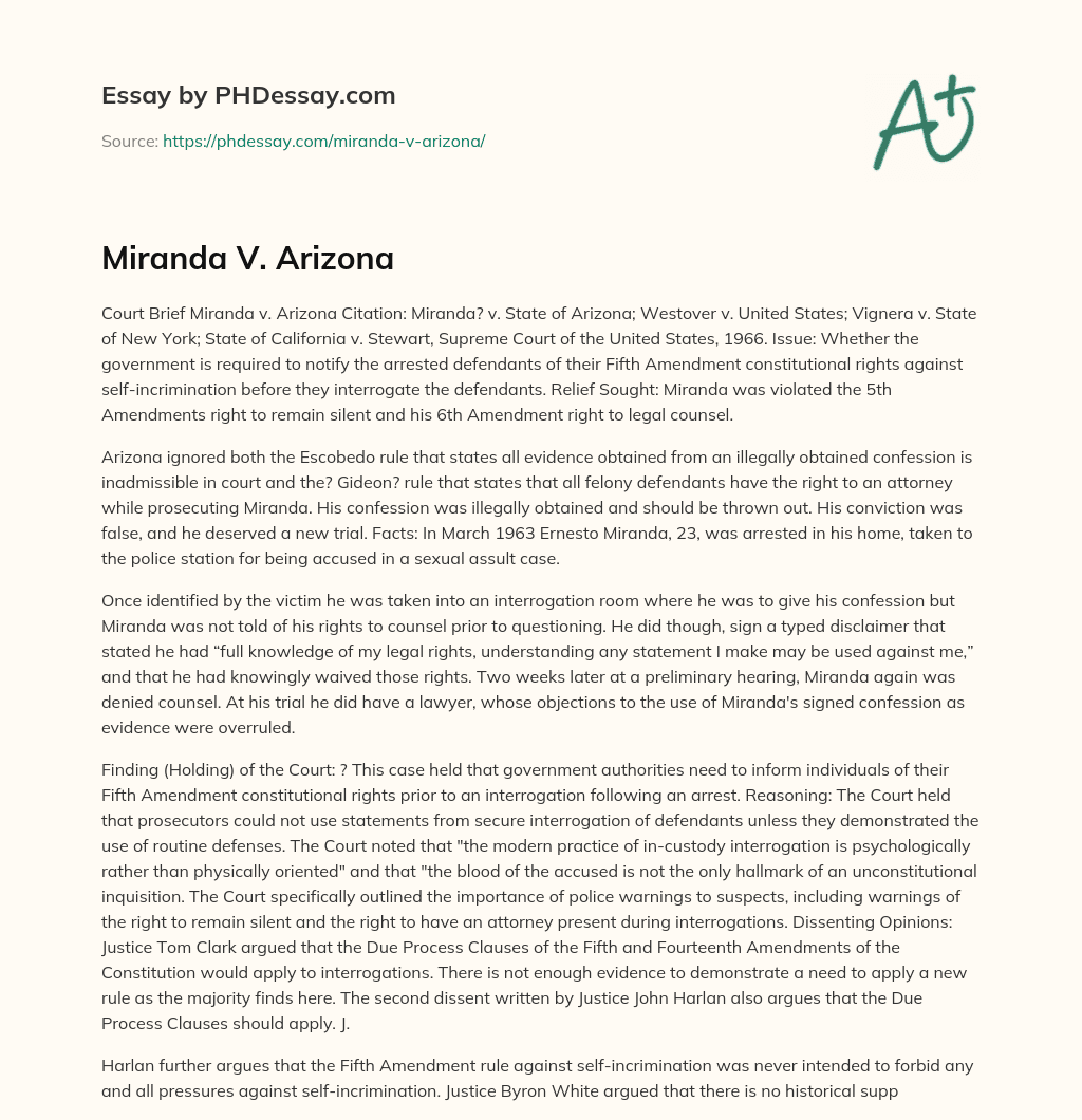 Miranda V. Arizona essay