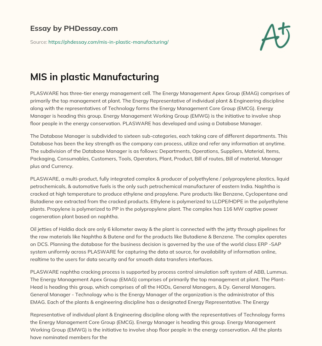 MIS in plastic Manufacturing essay