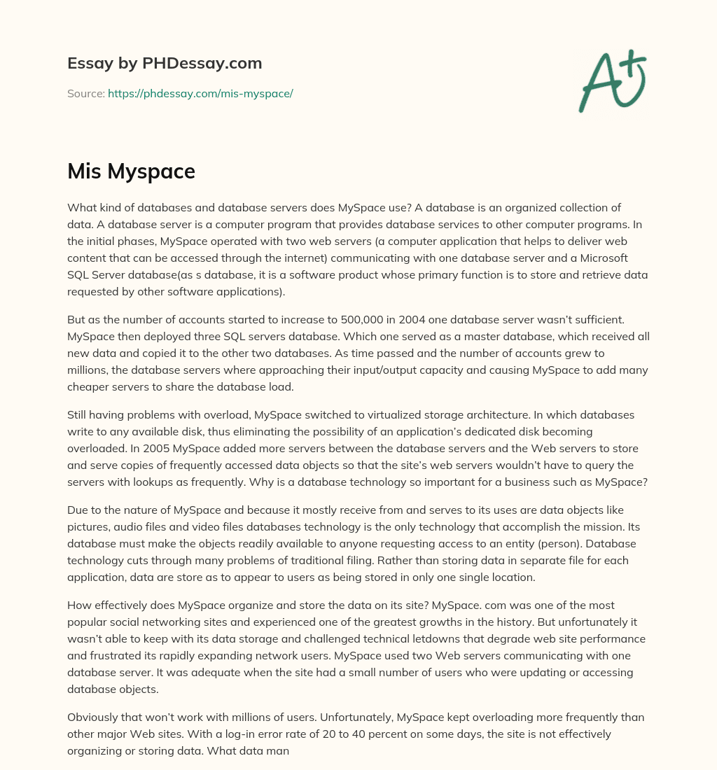 MySpace’s Growth, Database Servers Evolve to Meet Demands essay