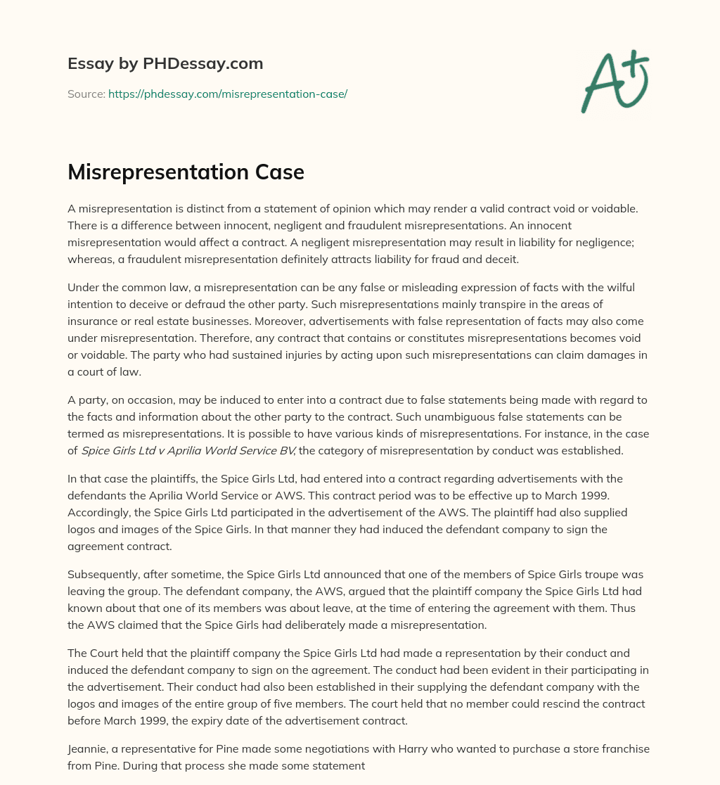 essay on misrepresentation in contract law