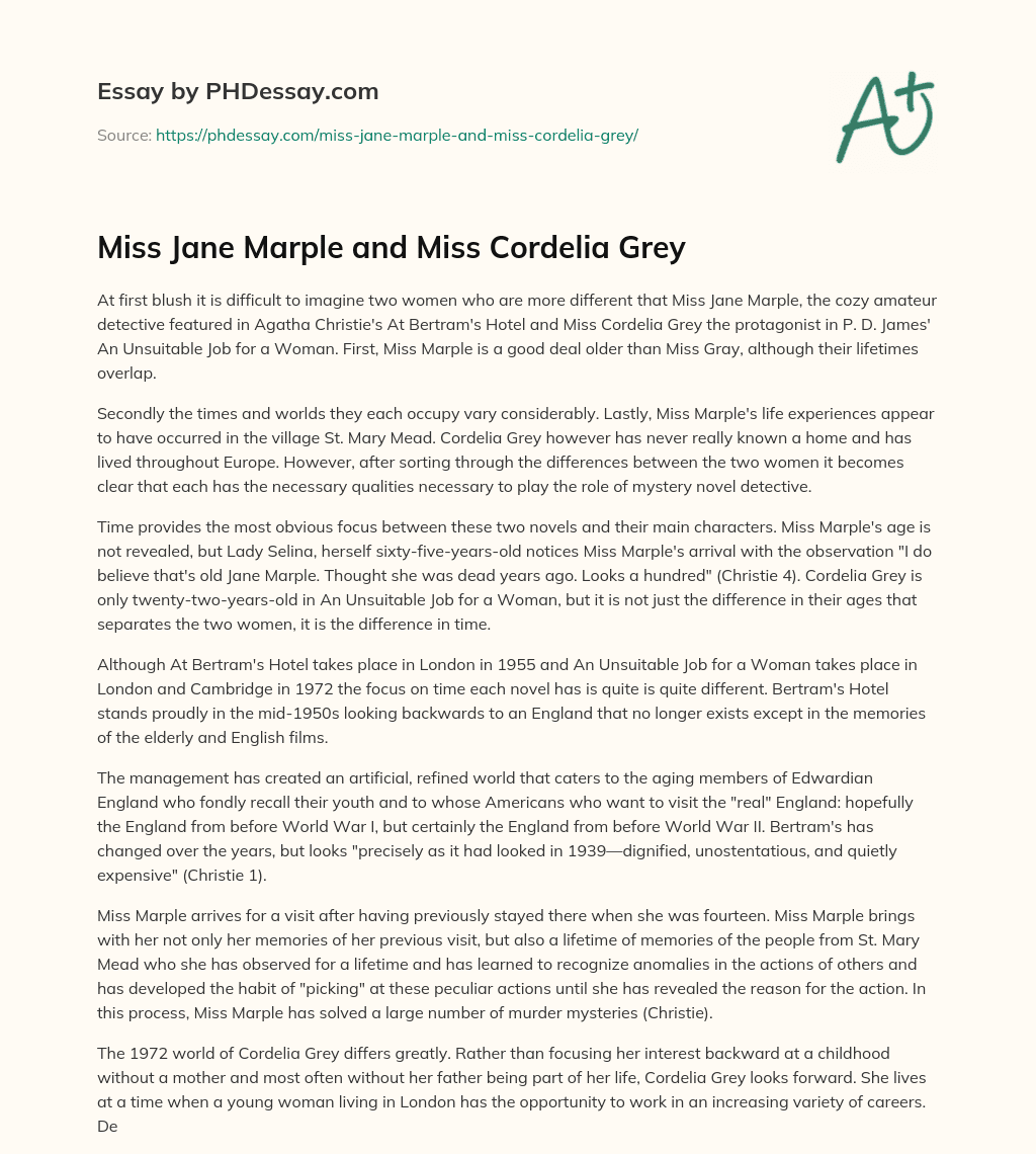Miss Jane Marple and Miss Cordelia Grey essay