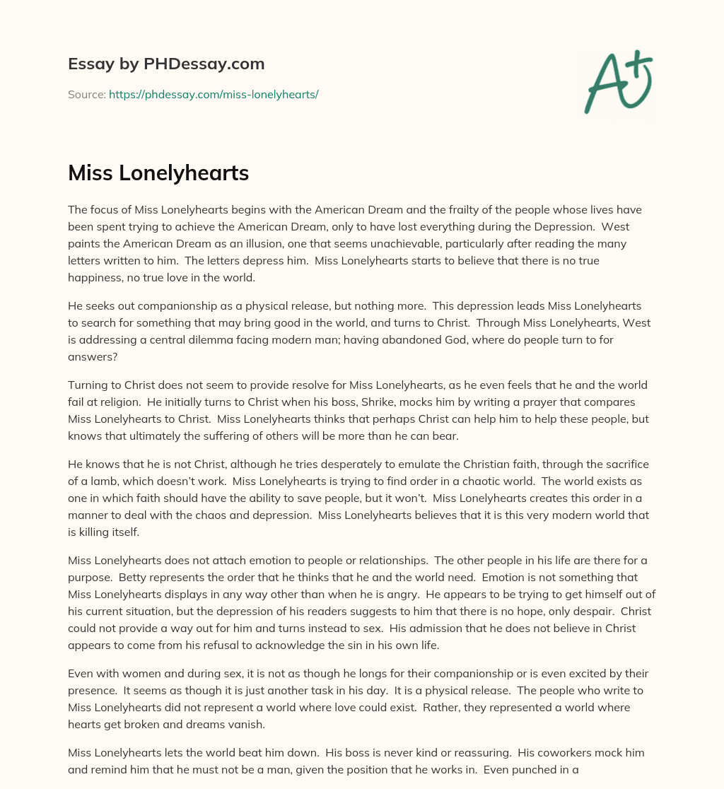 Miss Lonelyhearts essay