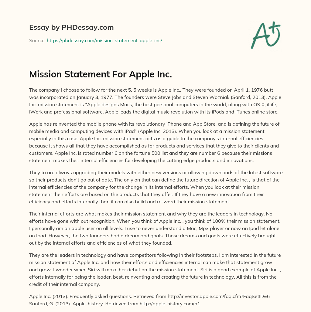 Mission Statement For Apple Inc. (500 Words)