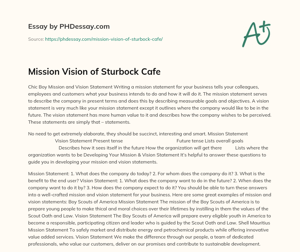 Mission Vision of Sturbock Cafe essay