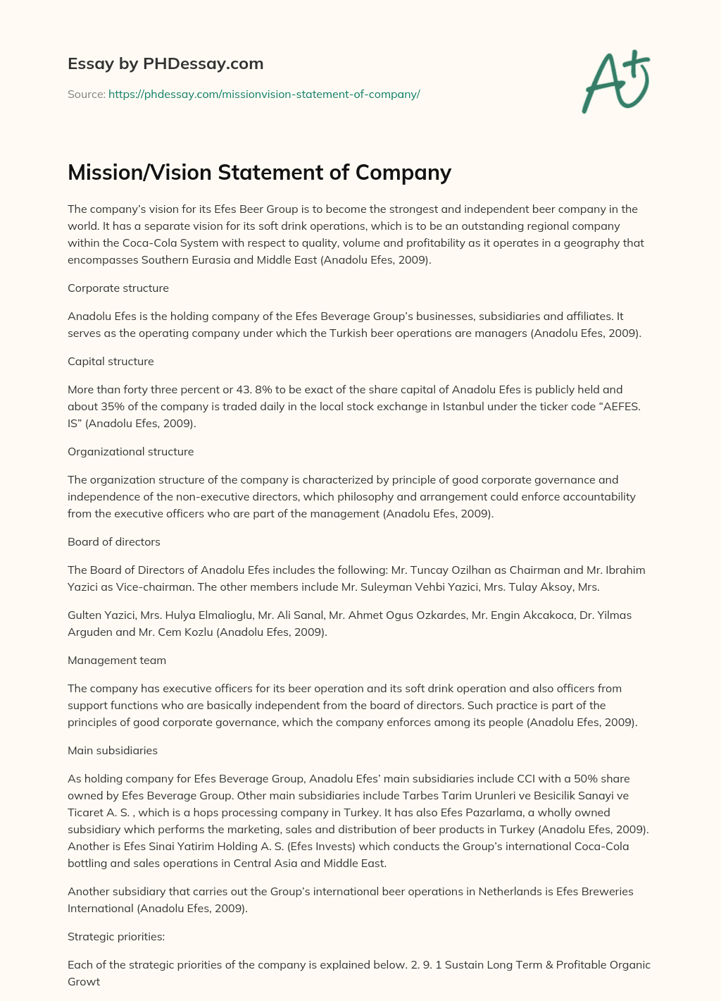 Mission/Vision Statement of Company essay