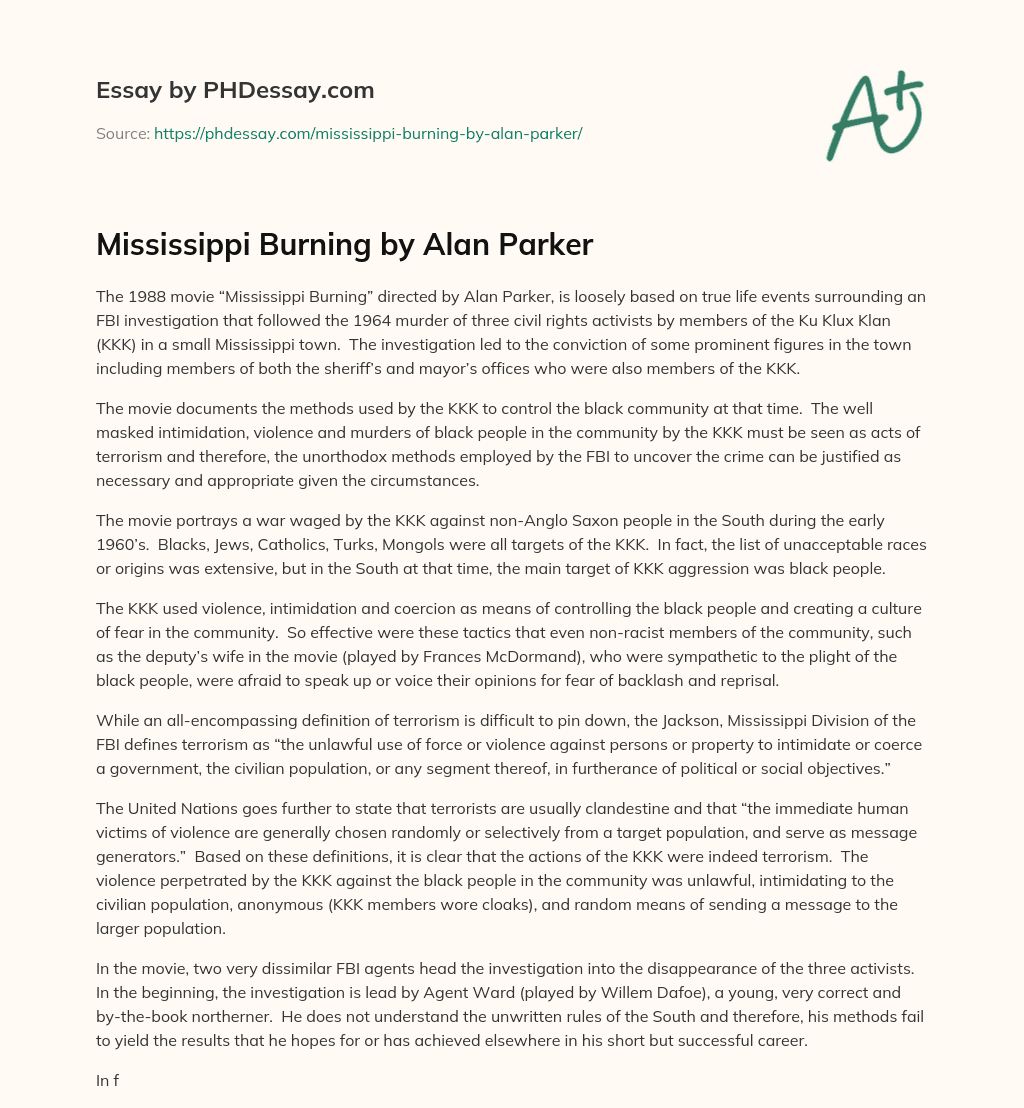 Mississippi Burning by Alan Parker essay