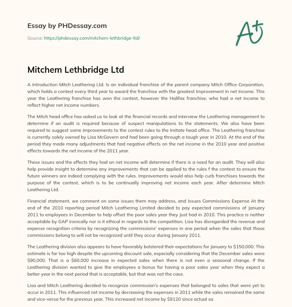 Mitchem Lethbridge Ltd essay