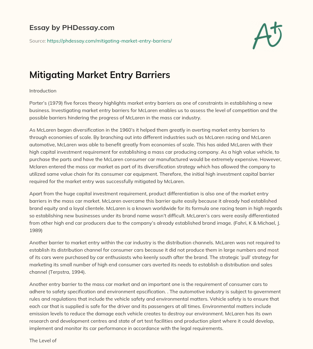 Mitigating Market Entry Barriers essay