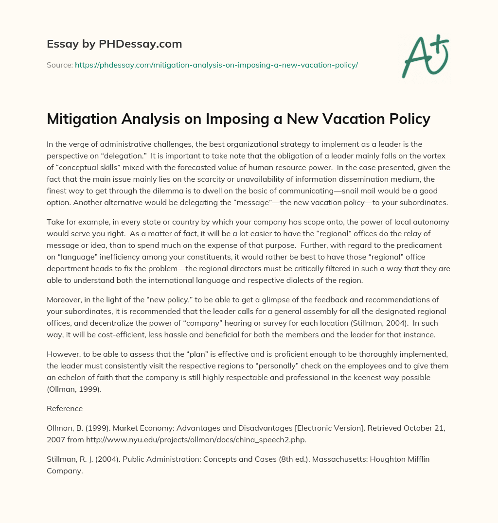Mitigation Analysis on Imposing a New Vacation Policy essay