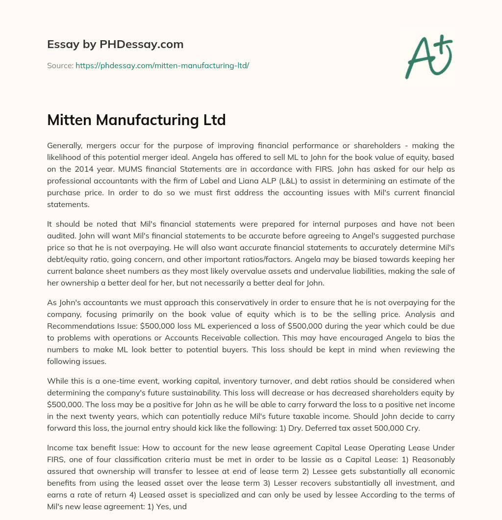 Mitten Manufacturing Ltd essay
