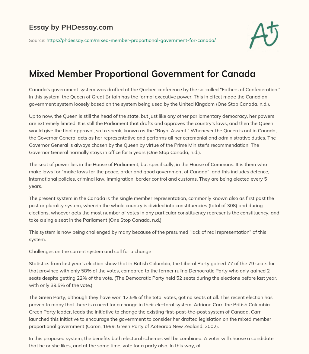 Mixed Member Proportional Government for Canada essay