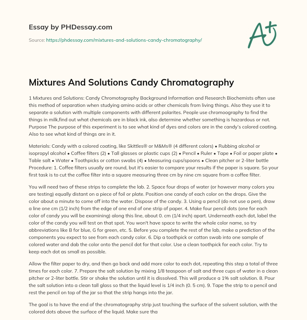 Mixtures And Solutions Candy Chromatography essay