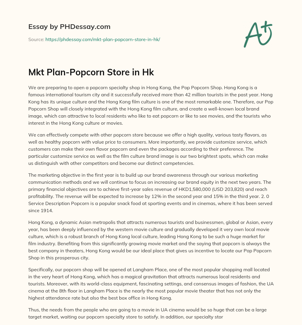 Mkt Plan-Popcorn Store in Hk essay