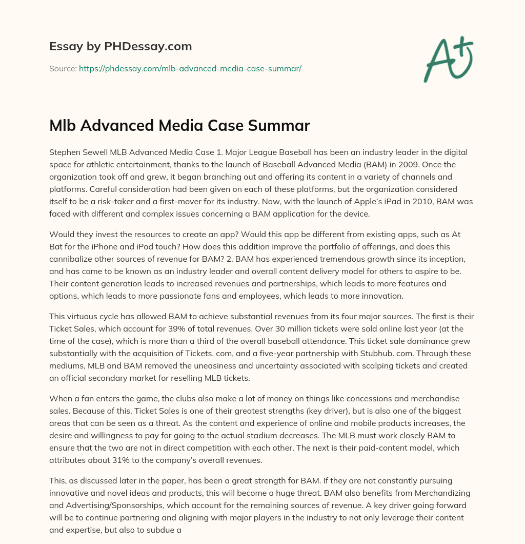 Mlb Advanced Media Case Summar essay