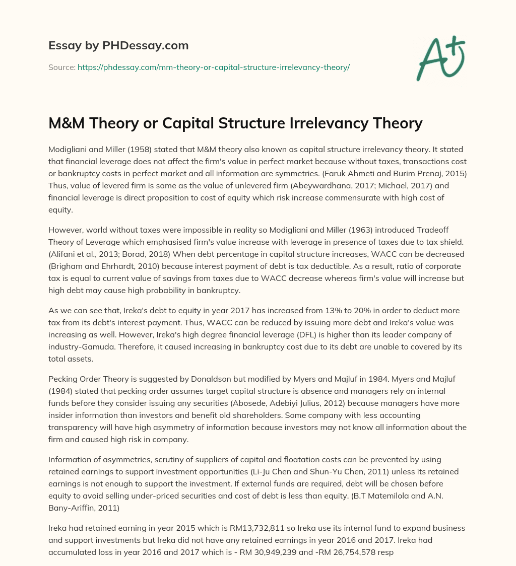 M&M Theory Or Capital Structure Irrelevancy Theory Essay Example
