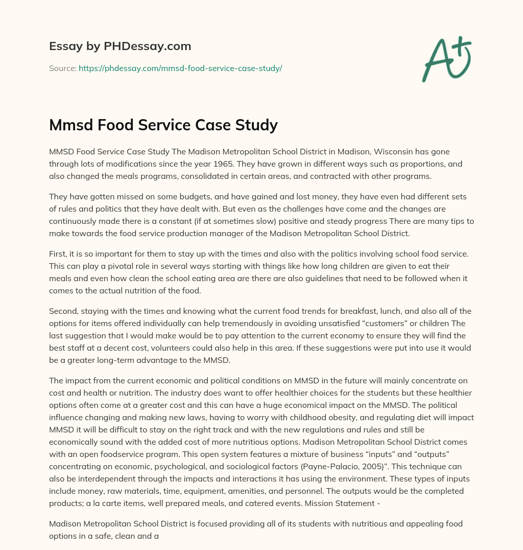 Mmsd Food Service Case Study essay