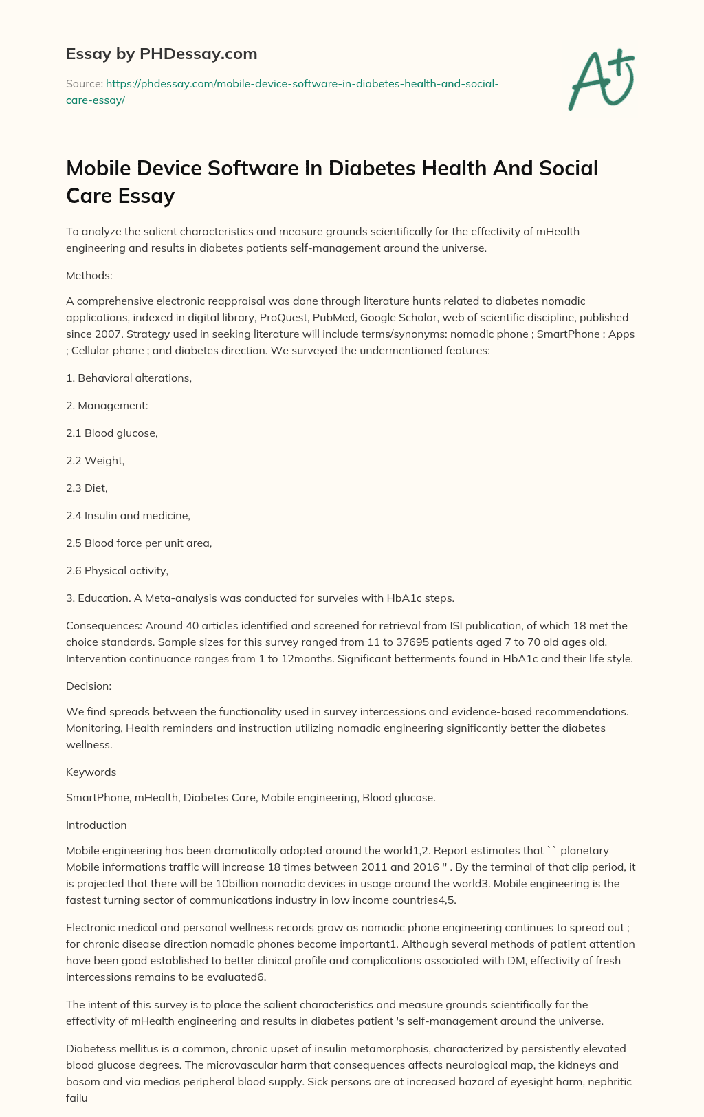 Mobile Device Software In Diabetes Health And Social Care Essay essay
