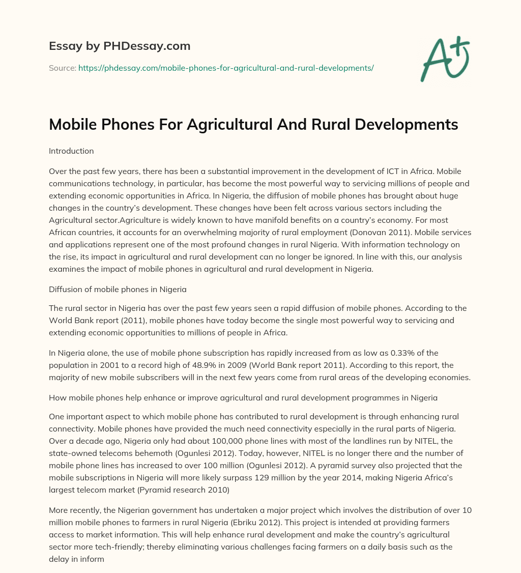 Mobile Phones For Agricultural And Rural Developments essay