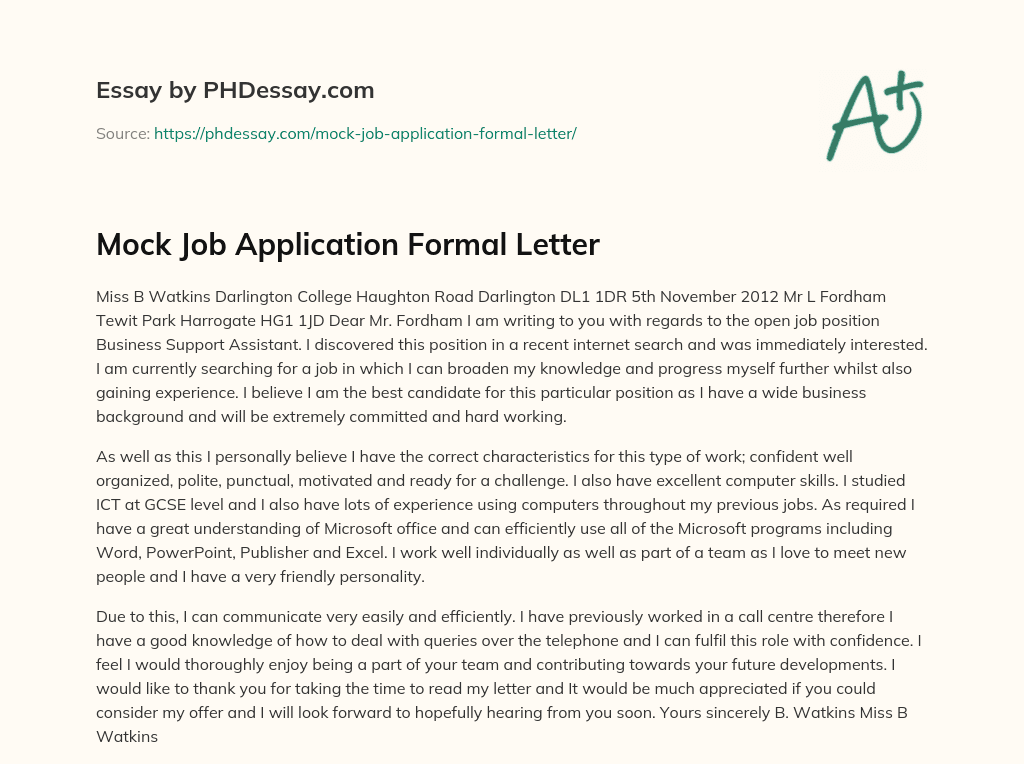 Mock Job Application Formal Letter essay